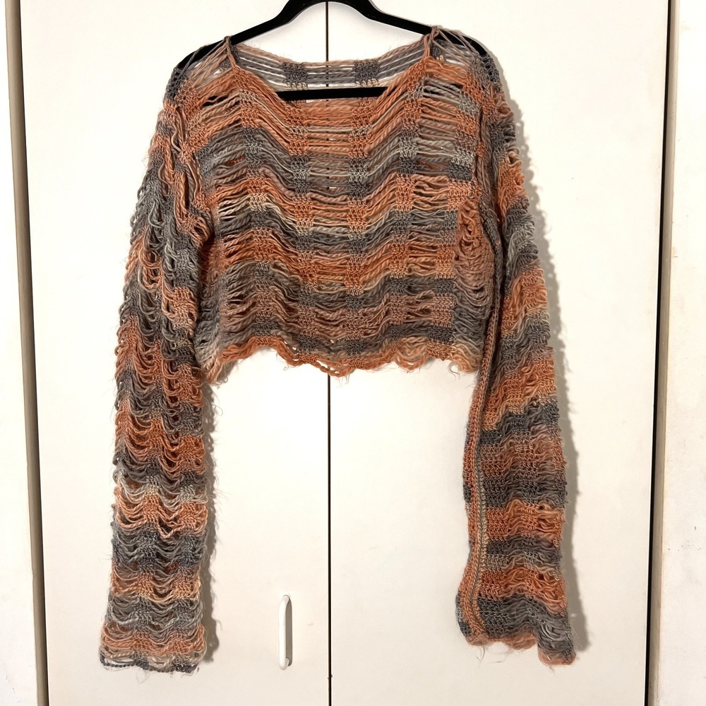 Vintage Y2K Cropped Sweater Womens M Distressed Crochet Open Knit Boho Fairy - Picture 2 of 6